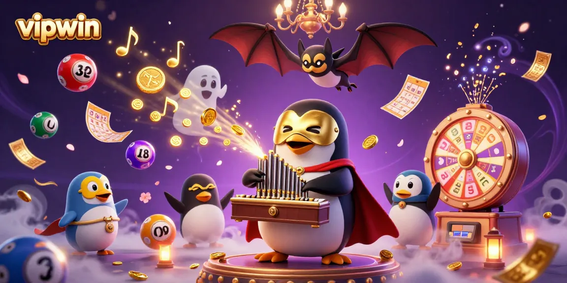 Experience vipwin's thrilling gaming world where a penguin plays for coins amidst vibrant lottery balls.