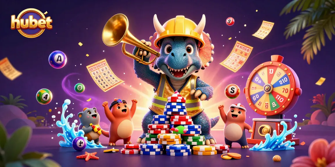 Engage with exciting gaming at hubet, featuring celebratory dinosaurs building poker chip stacks amidst vibrant lottery elements.