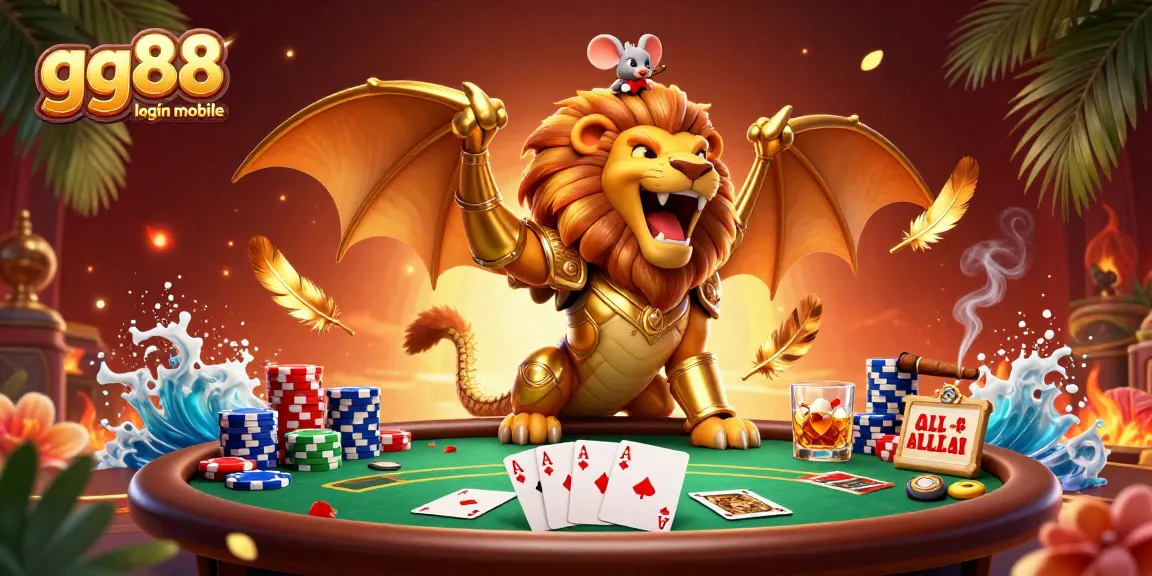Engage in gg88 login mobile excitement with a vibrant 3D casino scene showcasing poker elements and a mythical creature.
