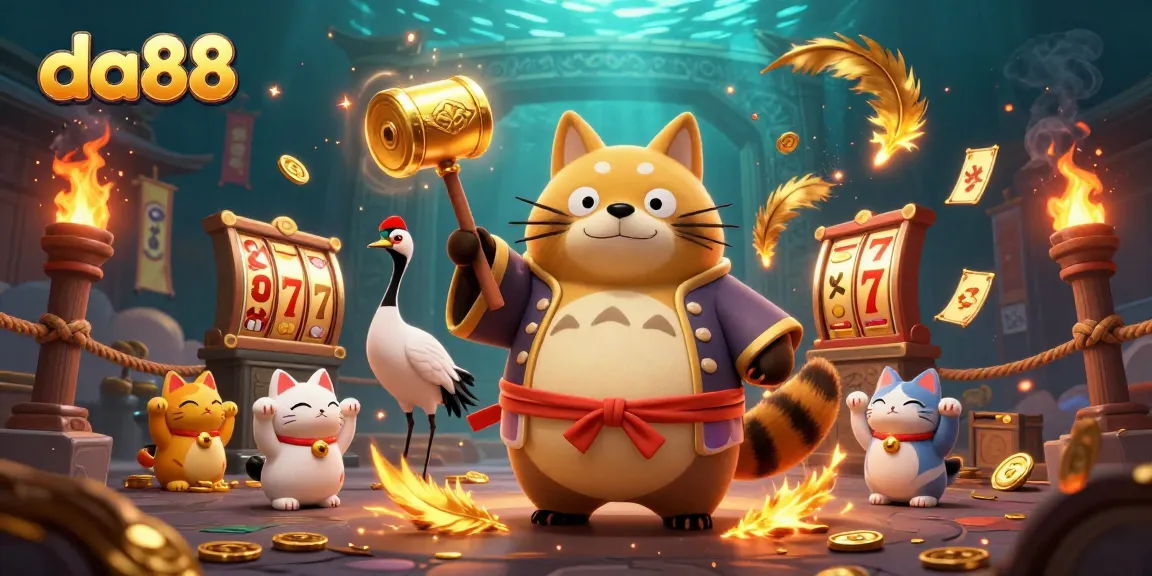 Experience the excitement of da88 slots with a vibrant 3D illustration featuring a cheerful tanuki and fortune cats.