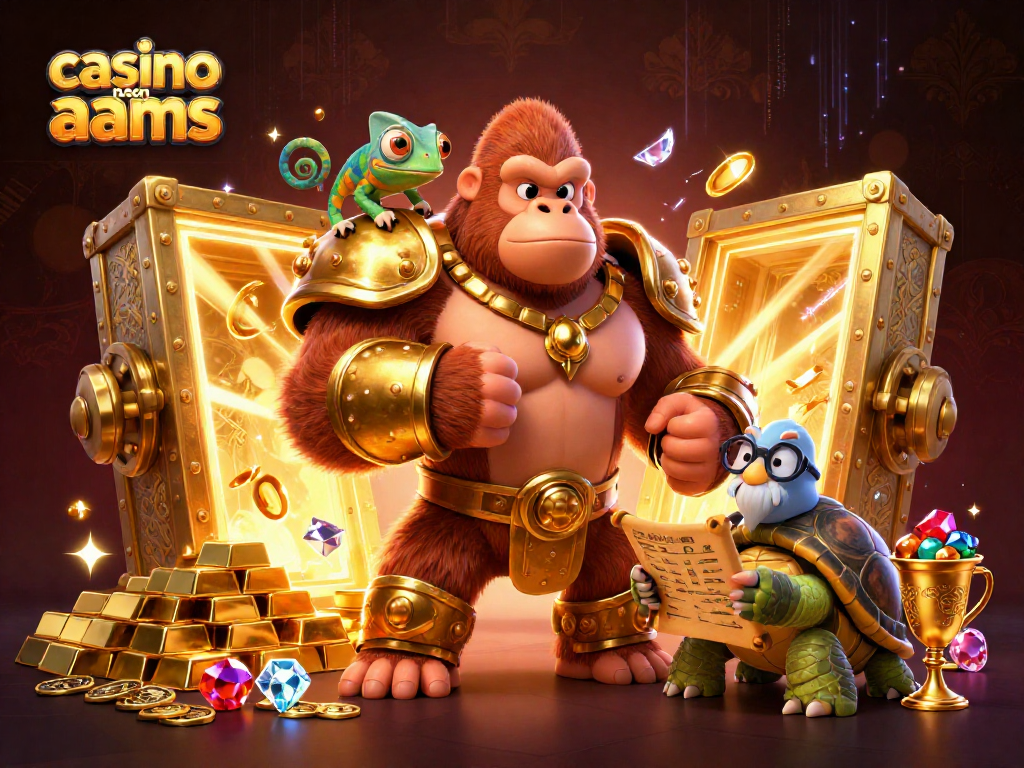 Gioco emozionante al casino non aams con gorilla, camaleonte e tartaruga tra tesori di gemme e oro.