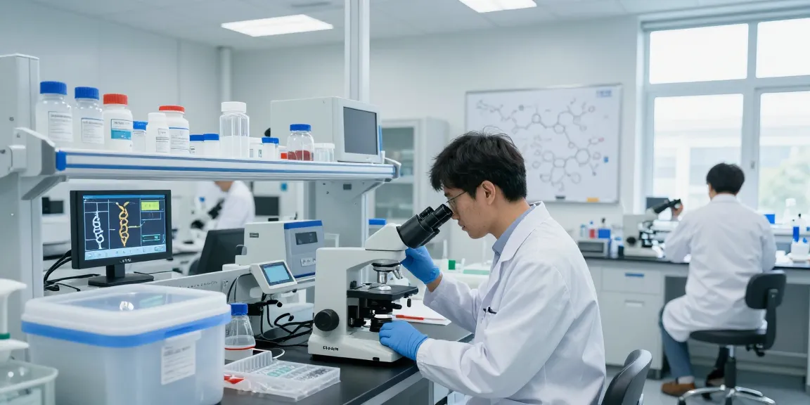 Research peptides Canada being analyzed in a modern laboratory setting with scientists studying compounds and vials.