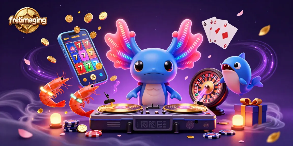 Win big with fretimaging in this vibrant casino scene featuring an axolotl DJ and glowing slot game.