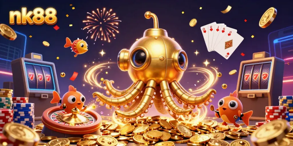 Experience the excitement of nk88 with a golden kraken submarine and rich casino elements in every direction.