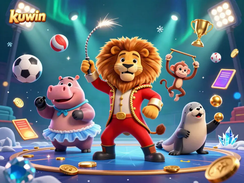 Kuwin's vibrant casino world, featuring cartoon characters engaging in thrilling gaming action, showcasing energetic gameplay.