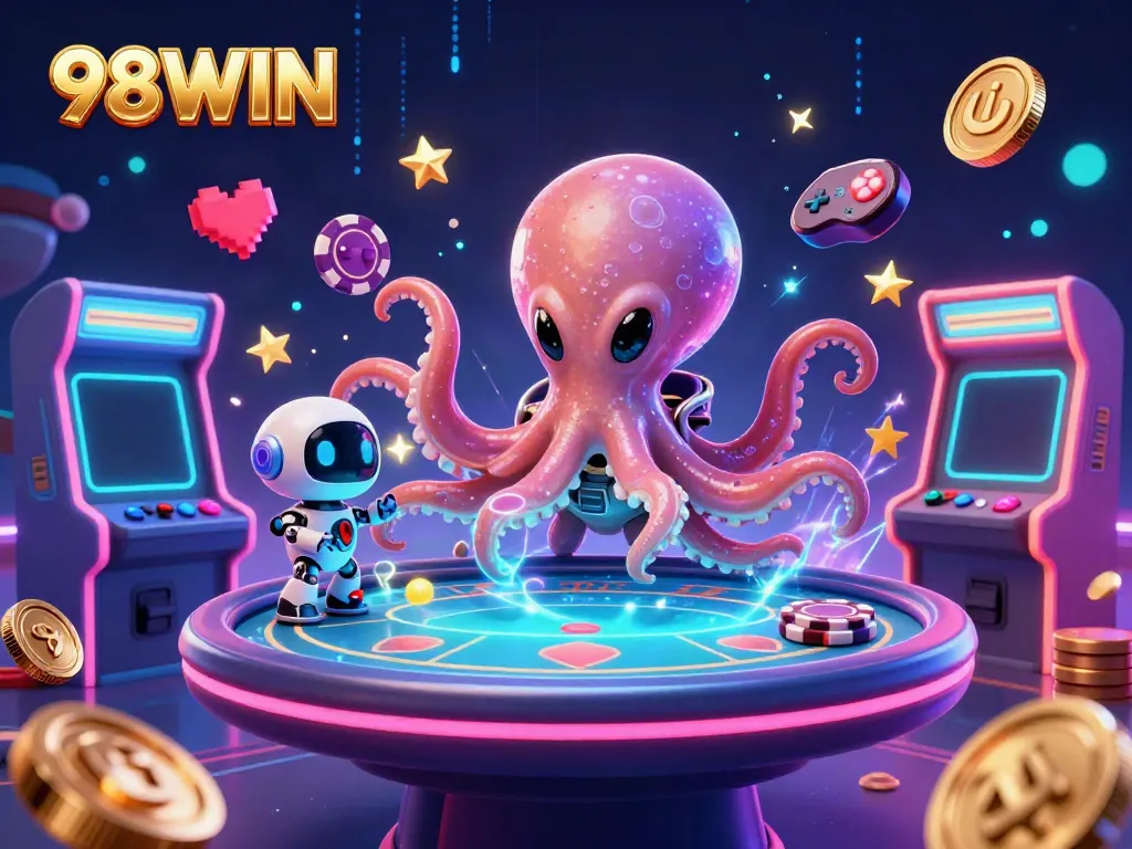 Experience gaming excitement with 98WIN as alien characters and poker elements create a vibrant scene.