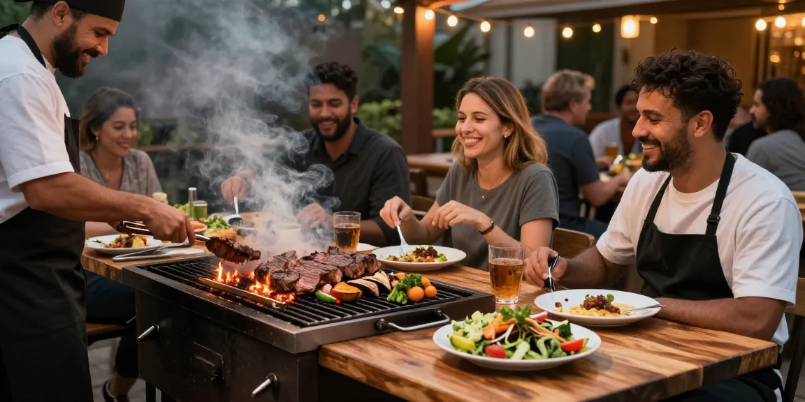 Restoran BBQ yang ramai dengan chef memasak daging dan sayuran, atmosfer hangat, BOS 88.