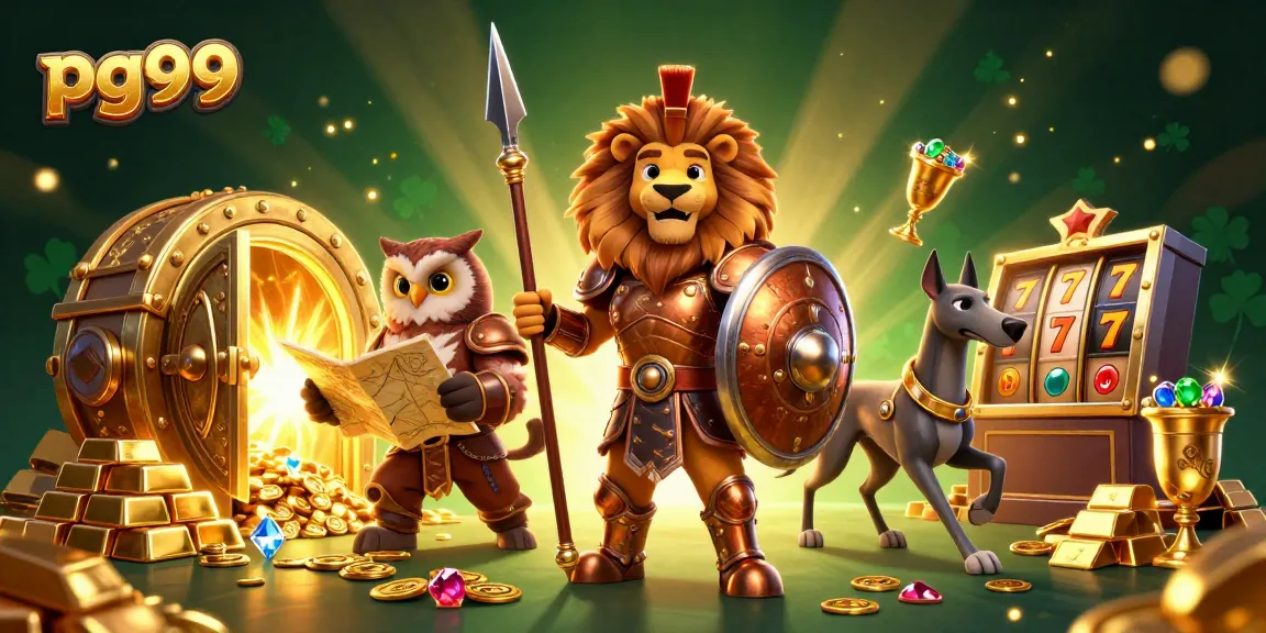 Experience the excitement of pg99 casino with a dynamic scene of characters surrounded by riches and gaming elements.