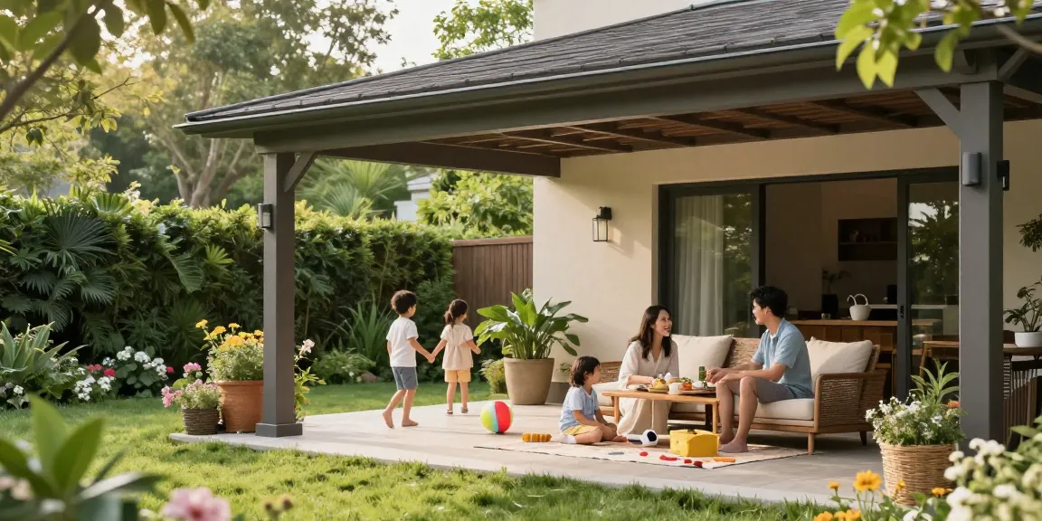 Freistehende Terrassenüberdachung im Garten mit Familie, die ein Picknick genießt.
