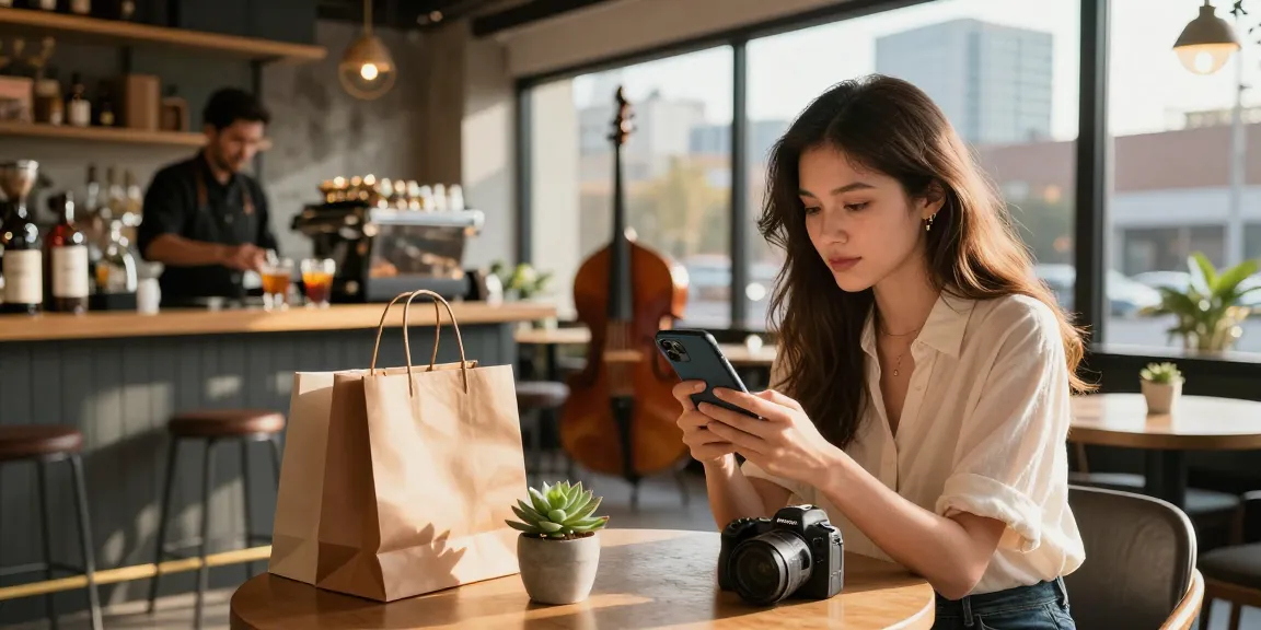 Young woman shopping for 레플리카 products at a trendy café in an urban setting.