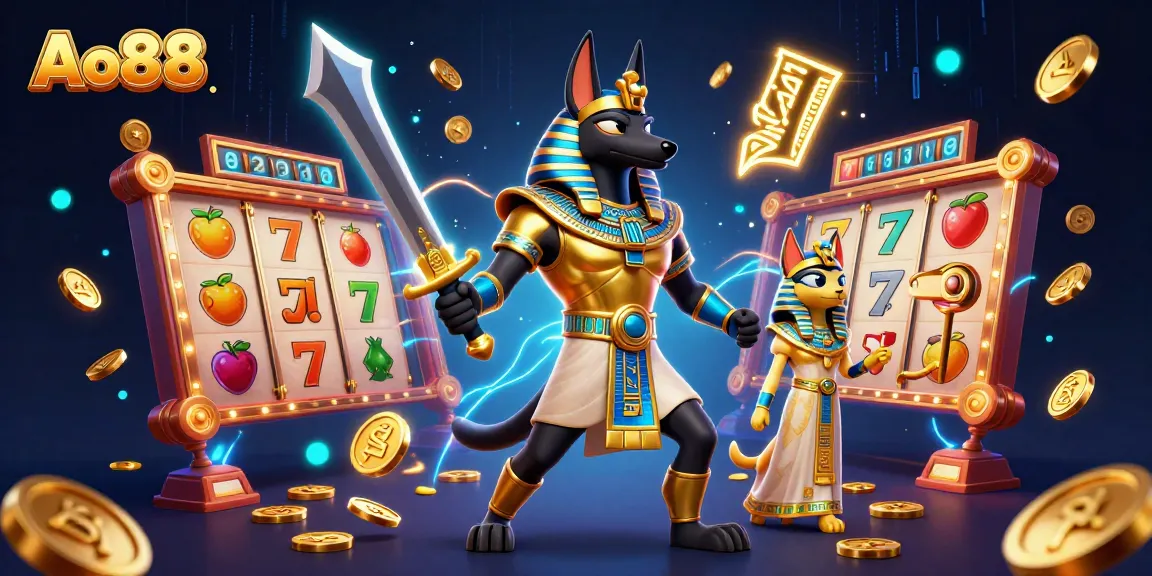 Experience the thrill of Ao88 as Anubis wields his golden khopesh amidst dynamic slot reels and coin showers.