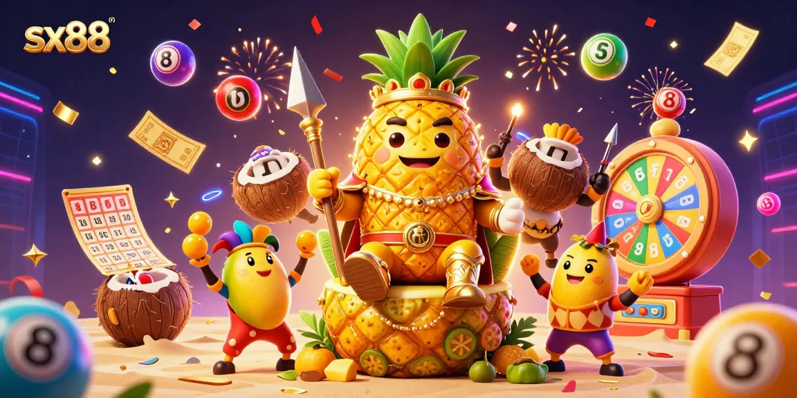 SX88 immersive gaming scene featuring the golden pineapple king and engaging lottery elements in a dynamic casino setup.