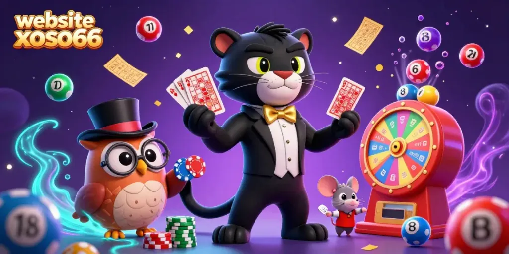 Join the exciting world of betting with website xoso66 featuring vibrant characters celebrating casino wins.