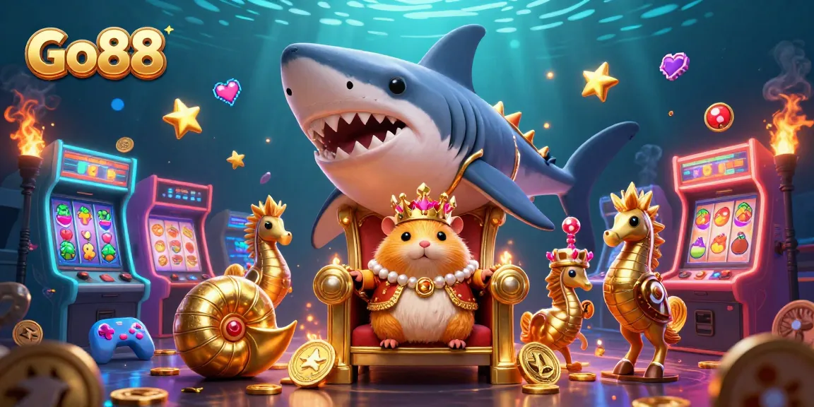 Engage with Go88's vibrant casino world featuring a golden hamster king on a megalodon throne.