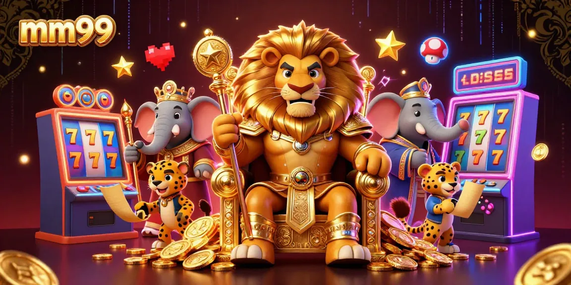 Experience epic wins at mm99 with a powerful lion king in a vibrant casino setting, showcasing game machines and jackpots.