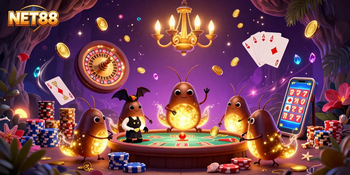 Experience NET88's vibrant casino atmosphere, featuring glowworms and a bat dealer in a lively scene.