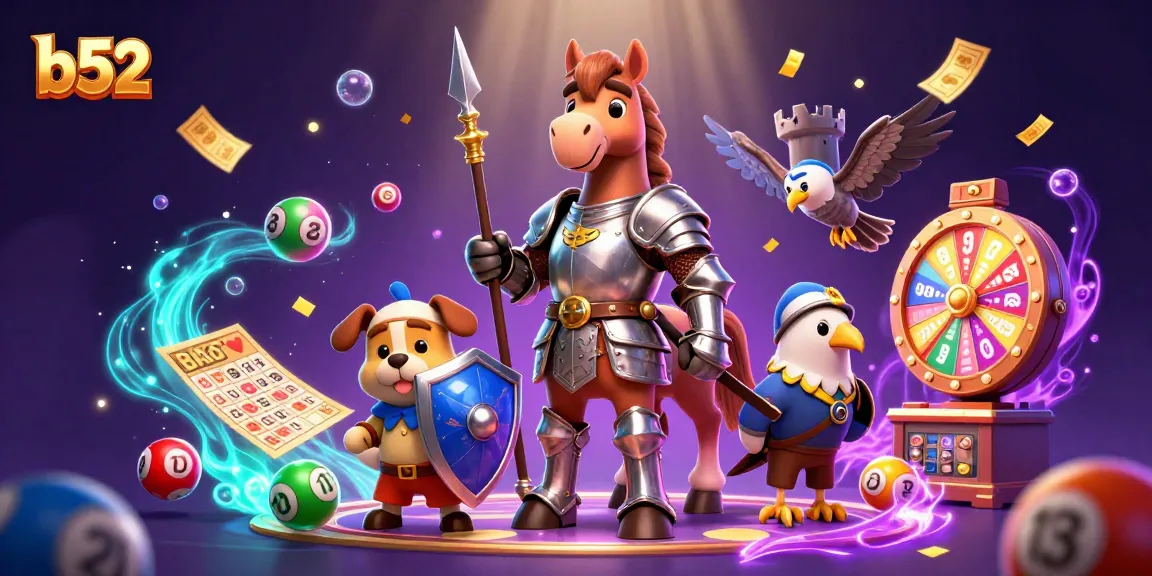 Bets come alive in vibrant B52 scene with knights, colorful lottery balls, and an exciting jackpot vibe.