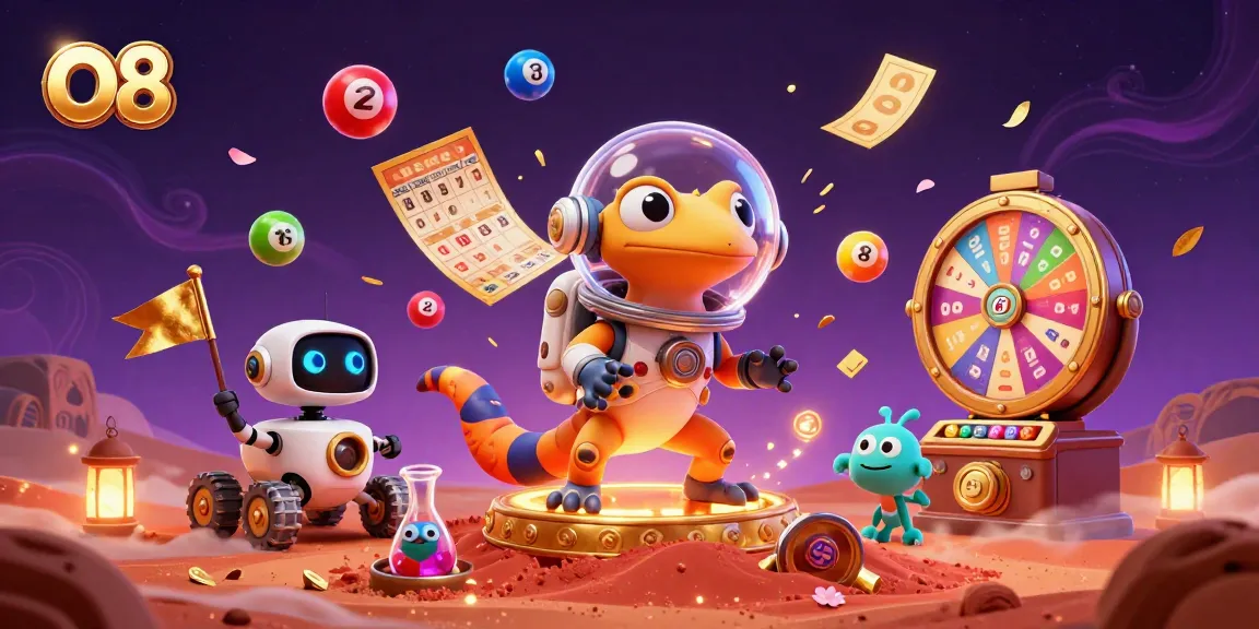 Join the Martian gecko at O8's golden casino, surrounded by vibrant game elements and excitement.