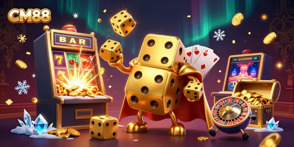 CM88's golden dice golem juggles smaller dice amidst an explosion of casino symbols and treasures.