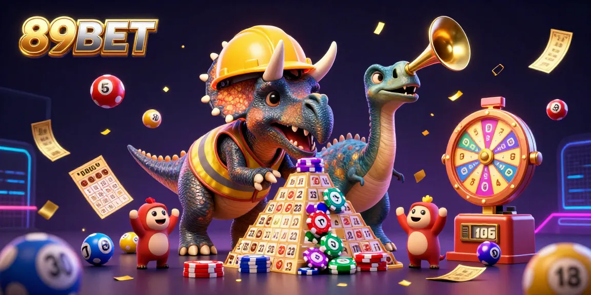 Experience the excitement of 89BET while a triceratops builds a poker chip pyramid in a vibrant casino scene.