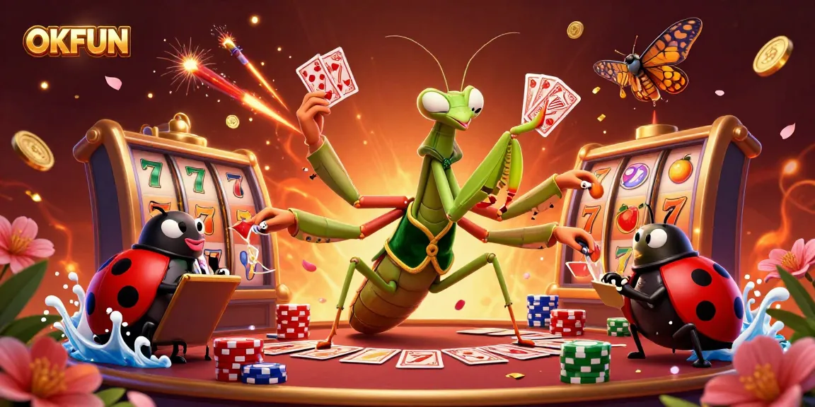 Win big with OKFUN in a vibrant casino atmosphere featuring a giant mantis and ladybug characters.