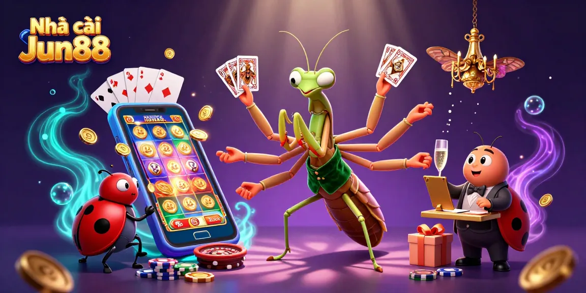 Engage with Nhà cái Jun88's vibrant casino scene featuring a giant praying mantis card sharp and a ladybug pit boss in action.