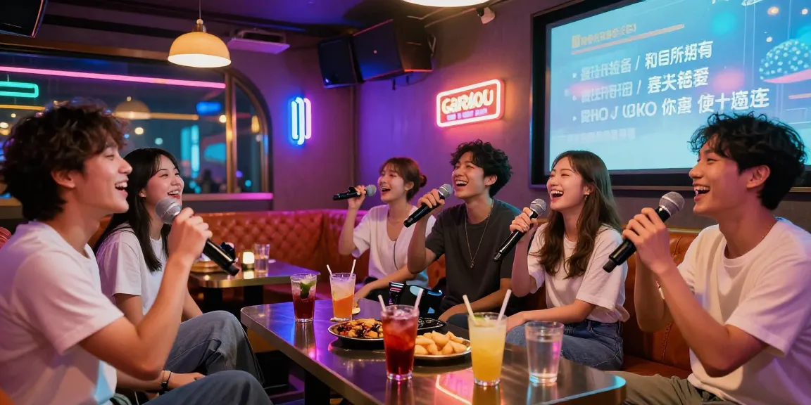 Group enjoying a lively 강남가라오케 night, singing and laughing together in a vibrant bar setting.