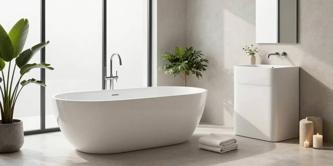 Stylish KingKonree solid surface bathroom with freestanding bathtub and modern basin.