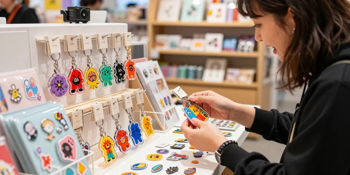 Custom acrylic keychain display in vibrant e-commerce setting with intricate designs.