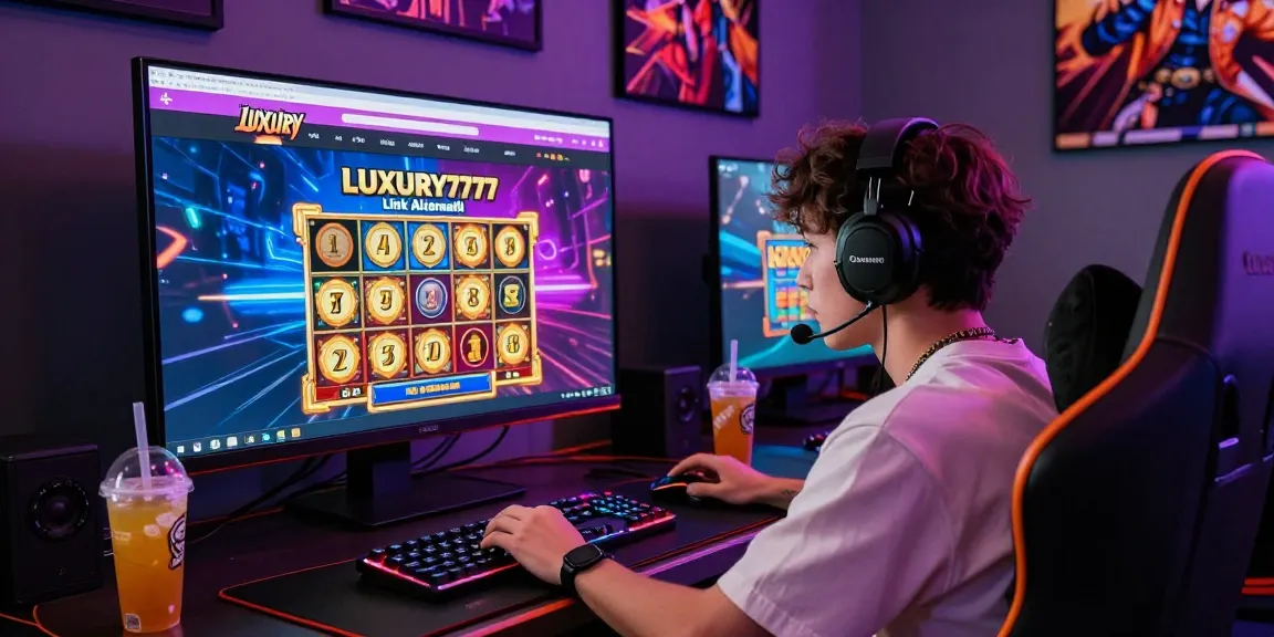 Halaman LUXURY777 Link Alternatif dengan pemain muda yang fokus, dikelilingi aksesori gaming modern.