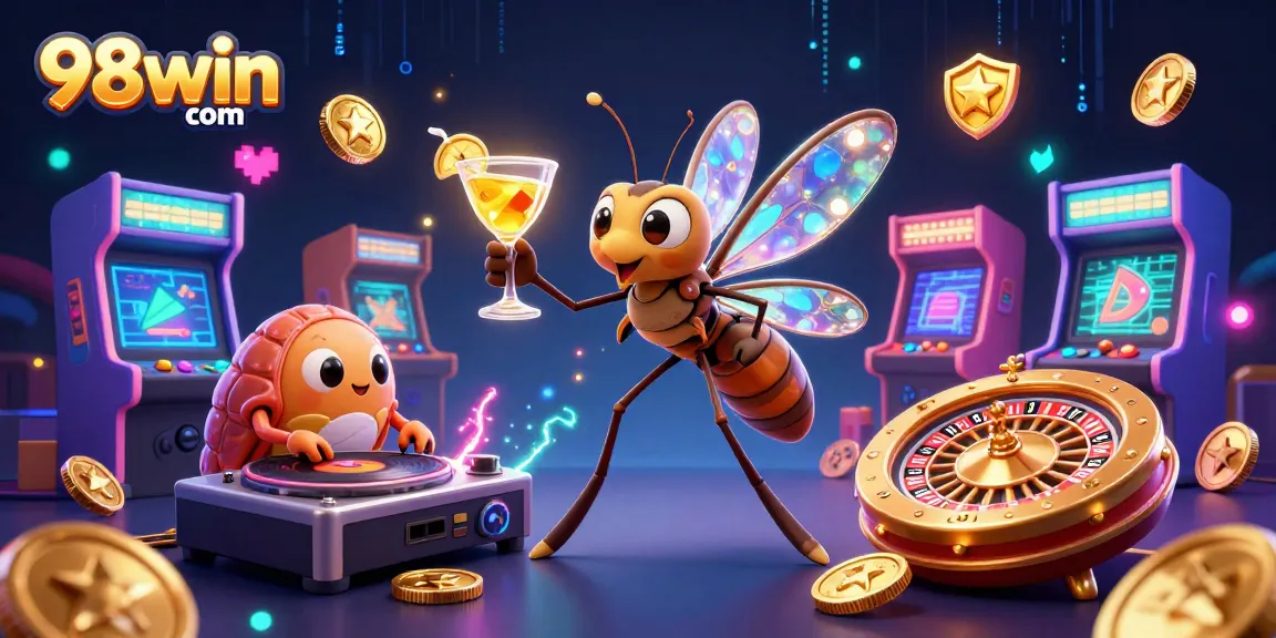 Engage with thrilling gameplay at 98win com, featuring a unique animated casino mascot in vibrant action.