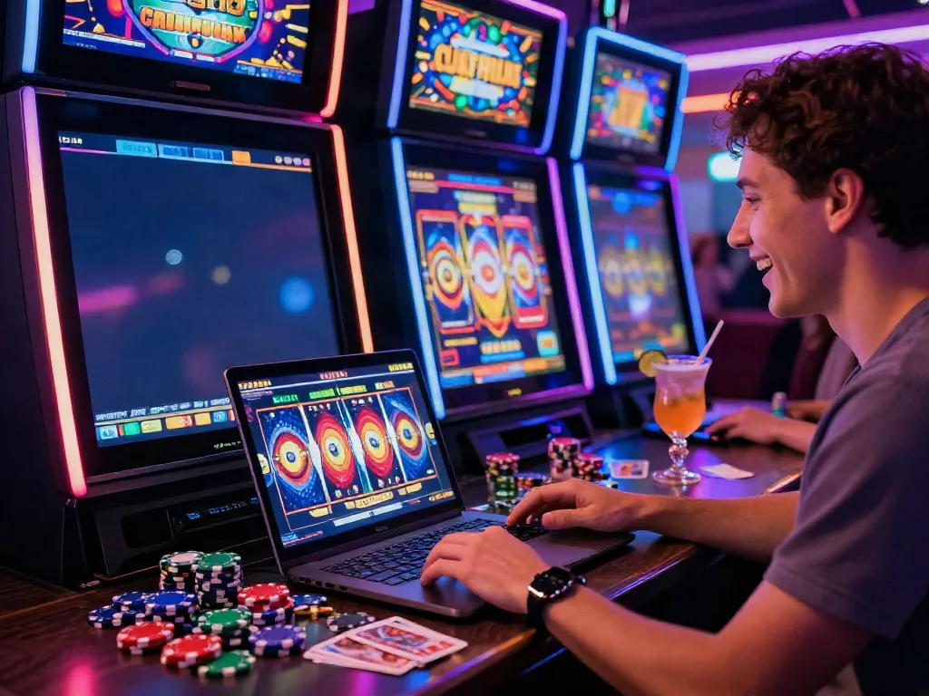 Enjoying a thrilling DiscoWin casino experience with vibrant graphics and lively atmosphere.