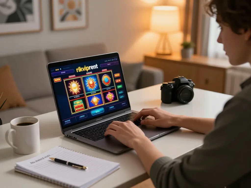 Player engaging in slots game on rikviprent at a modern home setup, focused on winning strategies