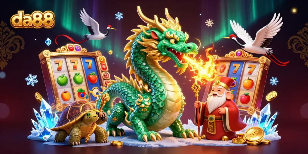 Experience the da88 casino excitement with a jade dragon and vibrant slot elements.