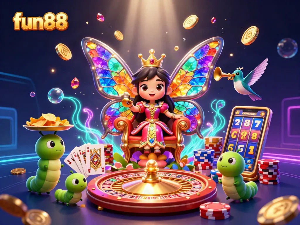 Win big with fun88's casino features, showcasing vibrant games, chips, and charming characters.