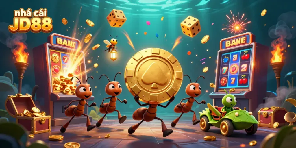 Experience the excitement at nhà cái JD88 with ants transporting a giant poker chip amidst dynamic casino elements.