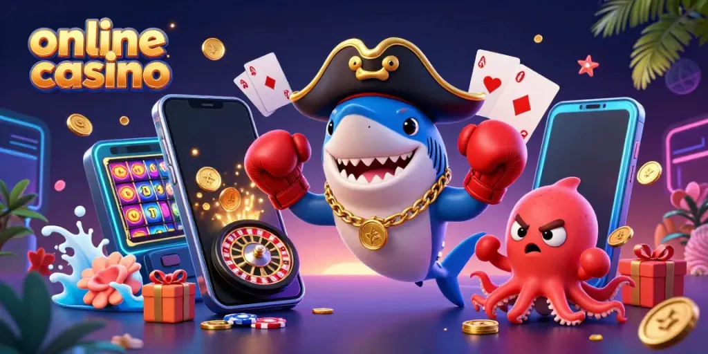 Engage with the lively online casino scene featuring a cartoon pirate shark and friends.