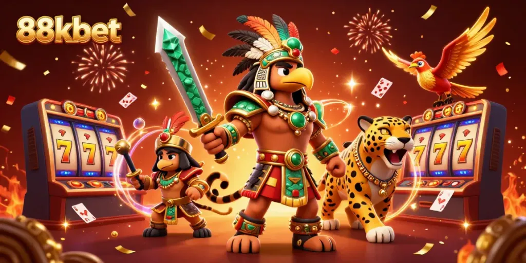 Engage with 88kbet's vibrant casino scene featuring dynamic characters and colorful gaming elements.