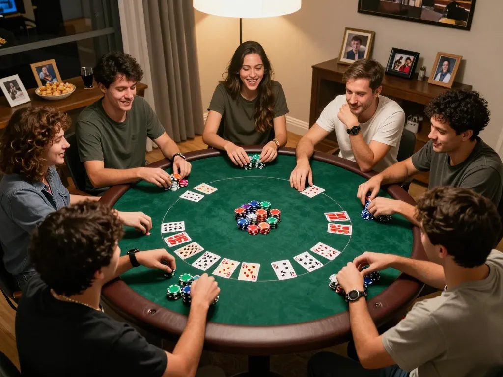 winwin players enjoying a lively poker game at home with colorful chips and cards visible
