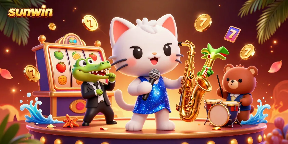 Sunwin casino stage scene with jazzy characters and dynamic slot gameplay elements.