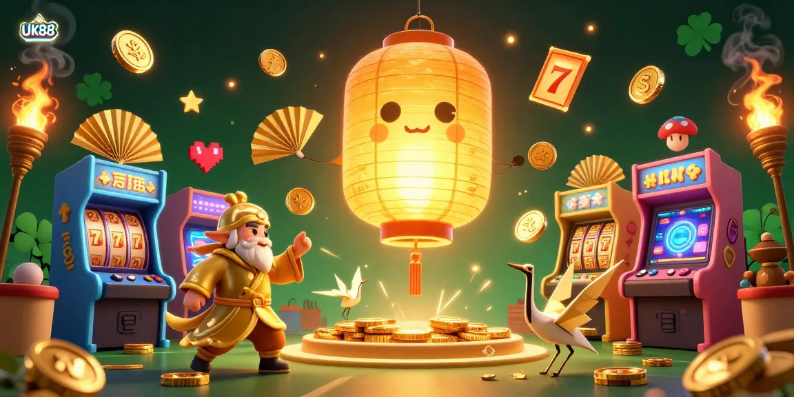 Engage with UK88 in a vibrant casino scene featuring a glowing lantern spirit and dynamic arcade games.