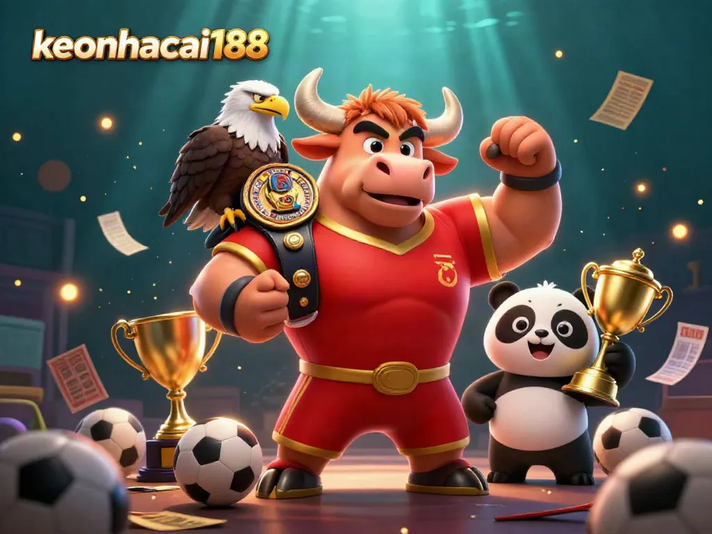 Experience thrilling sports betting with keonhacai188 showcasing a vivid cartoon scene filled with mascots and dynamic elements.