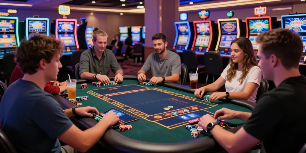 Exciting scene at online credit card casinos with diverse players enjoying virtual games and vibrant casino atmosphere.