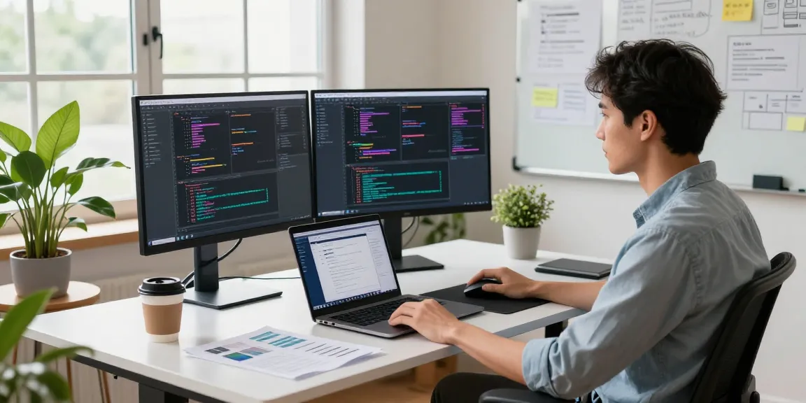 Developer at modern workspace with coding screens, representing teiegramin.com technology.