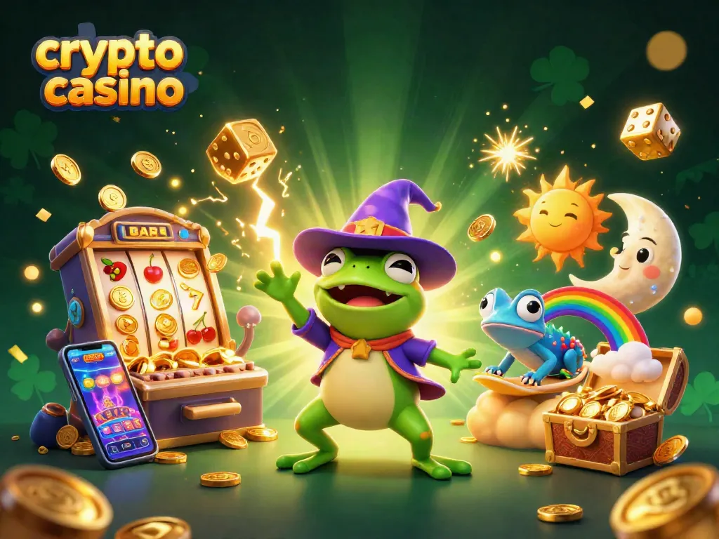 Experience the thrill of a crypto casino with vibrant characters, golden coins, and lively game elements.