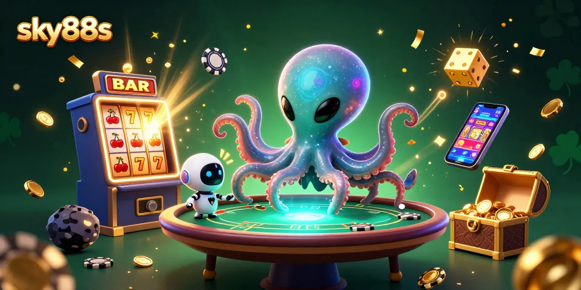 Engage in thrilling gameplay at sky88s with a vibrant illustration of a casino scene featuring a colorful alien octopus and a treasure chest of winnings.