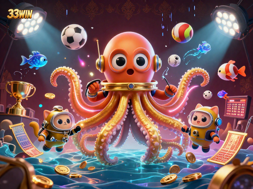 Engage with 33WIN, an immersive gambling scene featuring a cartoon kraken, diving cat, and vibrant sports elements.