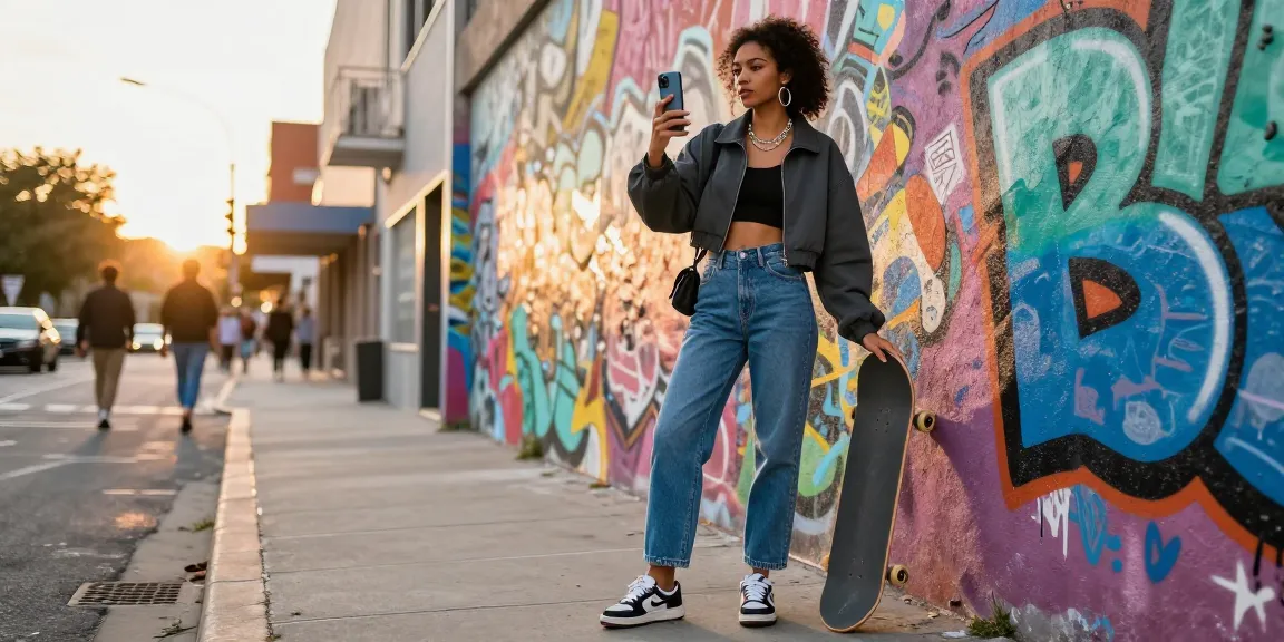 Fashion model in stylish streetwear at https://www.sukan8a.com/ showcasing urban culture and vibrant background.