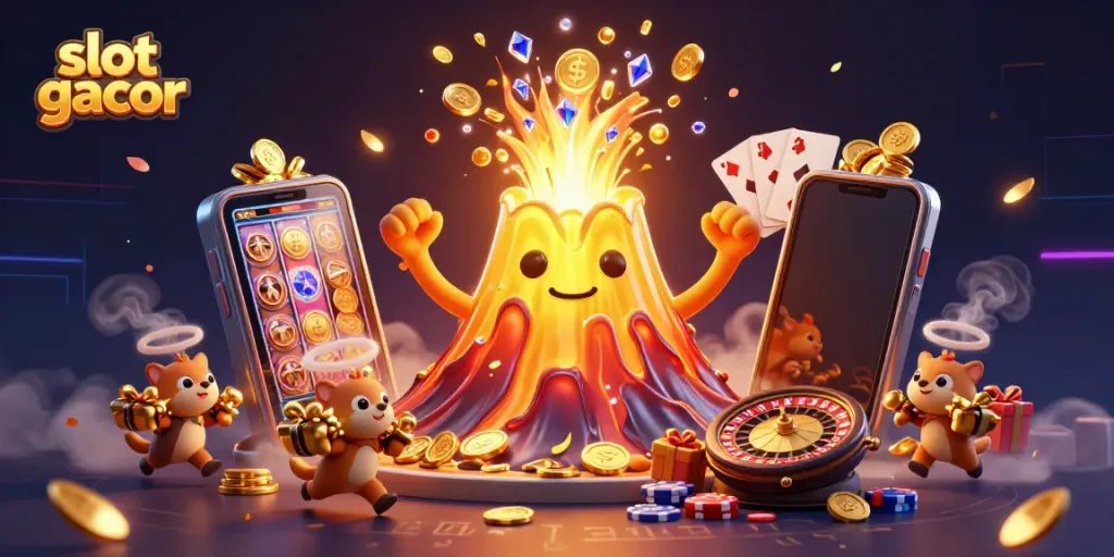 Experience thrilling slot gacor action with golden volcano and treasures erupting in a vibrant illustration.