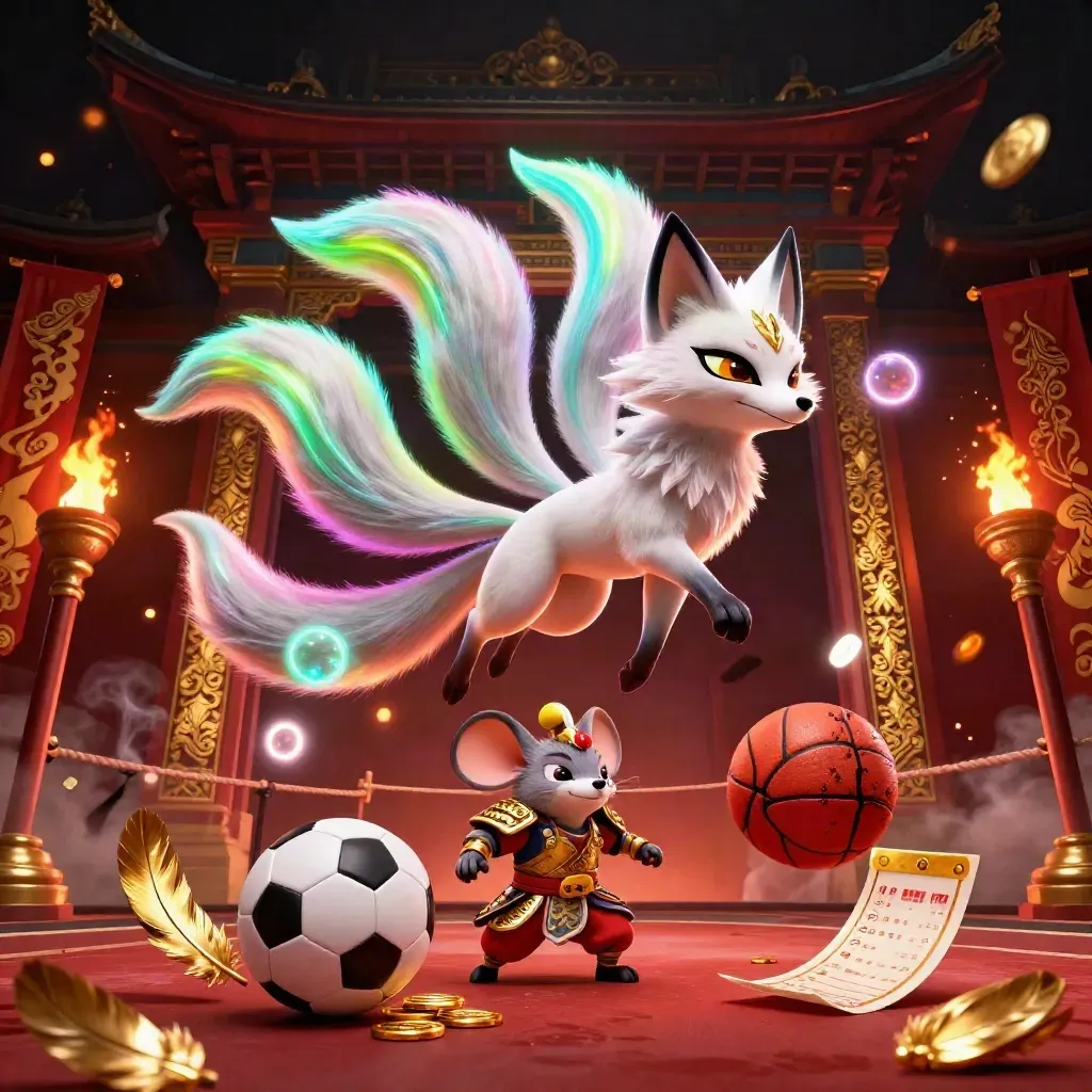 Neon fox spirit and armored mouse amid coins, balls, torches, and ember-lit temple gate.
